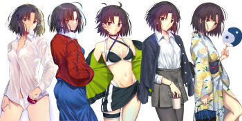 Rule 34 | 1girl, absurdres, bikini, black bikini, black hair, blue kimono, breasts, commentary request, covered erect nipples, fate/grand order, fate (series), food print, fruit print, grey skirt, highres, iro (sekaixiro), jacket, japanese clothes, kara no kyoukai, kimono, lemon print, multiple views, print kimono, red jacket, ryougi shiki, ryougi shiki (swimsuit mooncancer) (first ascension), ryougi shiki (swimsuit mooncancer) (second ascension), ryougi shiki (swimsuit mooncancer) (third ascension), shirt, short hair, simple background, skirt, small breasts, swimsuit, white background, white bikini, white kimono, white shirt