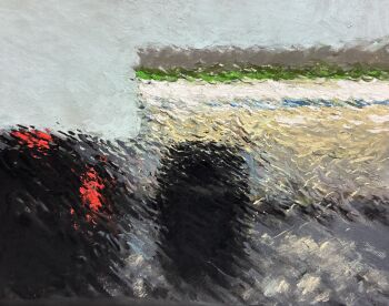 building car commentary_request convenience_store familymart grey_sky highres miya_pastel motor_vehicle no_humans original parking_lot pastel_(medium) rain scenery shop sky sports_utility_vehicle traditional_media