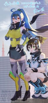 2girls absurdres ahoge argostars_-_glorious_adra argostars_-_glorious_adra_(cosplay) armored_boots black_arm_warmers black_gloves black_scarf black_shorts black_skirt blonde_hair blurry blurry_background blush boots breasts brown_hair building commentary_request cosplay costume_switch covered_navel duel_monster fingerless_gloves gloves green_eyes hair_between_eyes hair_ornament hand_on_own_hip highres large_breasts looking_at_viewer miniskirt multicolored_hair multiple_girls open_mouth pinyata_(pinyaland) ponytail red_eyes s-force_rappa_chiyomaru s:p_little_knight s:p_little_knight_(cosplay) scarf shirt short_shorts shorts skirt sleeveless sleeveless_shirt smile squatting thick_thighs thighhighs thighs translation_request white_shirt yellow_shirt yu-gi-oh! zettai_ryouiki