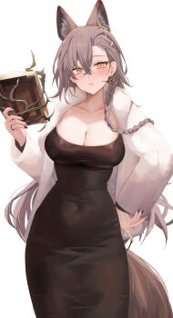 1girl animal_ears arknights black_dress blush book braid breasts cleavage collarbone commentary_request covered_navel crossed_bangs dongtan_dress dress duplicate earrings extra_ears grey_hair hair_between_eyes hair_ornament hand_up highres holding jewelry large_breasts long_hair long_sleeves looking_at_viewer official_alternate_costume parted_lips penance_(arknights) penance_(occasionally_flushed)_(arknights) pixel-perfect_duplicate ru_zhai simple_background solo white_background yellow_eyes