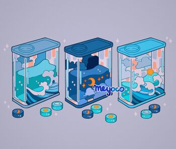 Rule 34 | artist name, cloud, cloud print, crescent moon, grey background, liquid, meyoco, moon, no humans, object request, original, simple background, sparkle, star (symbol), sun, tin (container), wave print, waves