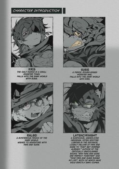 1girl 1other 2boys absurdres androgynous animal_ears artist_self-insert cape character_name closed_mouth colored_sclera commentary cuirass delta_rune_(symbol) deltarune english_commentary english_text fangs freckles furry furry_female furry_male glasses green_sclera greyscale hat highres kris_(dark_world)_(deltarune) kris_(deltarune) latencyknight long_hair looking_at_viewer monochrome multiple_boys open_mouth pink_eyes ralsei rectangular_eyewear red_eyes reptile_girl round_eyewear scarf semi-rimless_eyewear shaded_face sharp_teeth short_hair skin_fangs spot_color susie_(dark_world)_(deltarune) susie_(deltarune) teeth under-rim_eyewear utdr_(toby_fox) wolf_boy wolf_ears yellow_sclera