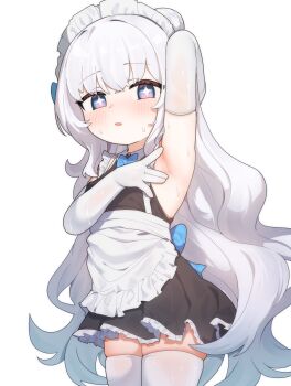 1girl absurdres apron armpits azur_lane blue_eyes blush commentary_request dress elbow_gloves freehoney gloves highres le_malin_(azur_lane) long_hair maid maid_headdress paid_reward_available simple_background solo sweat thighhighs white_background white_gloves white_hair white_thighhighs