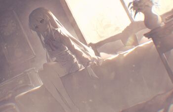 1girl absurdres analog_clock arcaea backlighting barefoot bed chest_of_drawers chinese_commentary clock closed_mouth commentary_request feet_out_of_frame grey_eyes grey_hair grey_sailor_collar grey_serafuku grey_skirt highres hikari_(arcaea) hikari_(zero)_(arcaea) indoors light_particles long_hair long_sleeves miniskirt on_bed pillow plant pleated_skirt potted_plant sailor_collar school_uniform serafuku shenju_bing_hui sitting skirt solo stool sunlight vase very_long_hair window