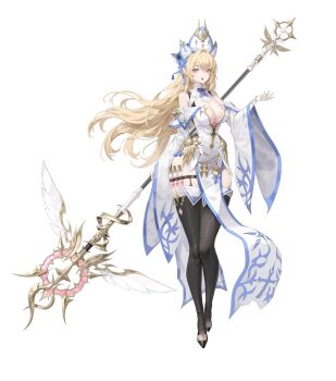 1girl :o absurdres belt black_boots blonde_hair blue_trim boots breasts brown_belt commentary cross detached_sleeves dress english_commentary floating_hair fold-over_boots full_body hair_between_eyes hair_intakes hand_up hat highres holding holding_staff large_breasts long_hair looking_at_viewer maayus2i open_mouth original pelvic_curtain pink_eyes simple_background solo staff standing test_tube thigh_belt thigh_boots thigh_strap very_long_hair white_background white_dress white_hat white_sleeves