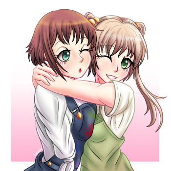 Rule 34 | 2girls, ;o, amputee, blonde hair, blue overalls, blush, commentary, commission, denim, denim overalls, dress, english commentary, eyelashes, green dress, green eyes, hair bobbles, hair ornament, highres, hug, ibarazaki emi, katawa shoujo, long hair, long sleeves, multiple girls, one eye closed, open mouth, overalls, paint on clothes, red hair, salad1v, shirt, short hair, short sleeves, sidelocks, sleeve tied shut, smile, teeth, tezuka rin, twintails, upper body, white shirt