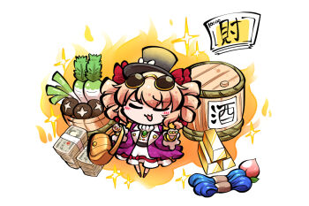 1girl :3 bag banknote black_hat blue_hair bow bracelet brown_hair chibi closed_eyes coat dress drill_hair earrings eyewear_on_head food fruit gold_bar hair_bow handbag hat hat_bow holding holding_bag jewelry kashuu_(b-q) leaf money mushroom open_mouth peach pendant radish ring solo spring_onion sunglasses top_hat touhou twin_drills white_bow yorigami_jo&#039;on