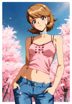 1990s_(style) 1girl absurdres adversarial_noise bare_arms bare_shoulders blue_sky border bra_strap breasts brown_eyes brown_hair camisole cherry_blossoms choker closed_mouth collarbone commentary cowboy_shot denim earrings english_commentary eyelashes falling_leaves flipped_hair gravydood hands_in_pockets heart heart_choker highres jeans jewelry leaf light_blush looking_at_viewer midriff nail_polish navel outdoors pants persona persona_3 pink_camisole retro_artstyle short_hair sky small_breasts smile solo spaghetti_strap straight-on striped_blush stud_earrings takeba_yukari white_border white_choker
