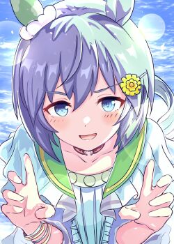 1girl animal_ears blue_eyes blue_sky blush brown_choker choker collarbone ear_covers flower green_sailor_collar grey_hair hair_between_eyes hair_flower hair_ornament hairclip highres horse_ears horse_girl kanon_(user_rrhr4244) long_sleeves looking_at_viewer open_mouth sailor_collar seiun_sky_(reeling_in_the_big_one)_(umamusume) seiun_sky_(umamusume) shirt short_hair single_ear_cover sky smile solo sunflower sunflower_hair_ornament umamusume upper_body white_shirt