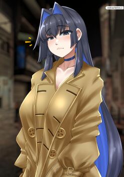1girl absurdres black_hair blue_choker blue_eyes blue_hair blurry blurry_background breasts brown_coat choker cleavage closed_mouth coat colored_inner_hair fanbox_username frown hair_intakes highres hololive hololive_english large_breasts long_hair long_sleeves looking_at_viewer multicolored_hair oodnap ouro_kronii outdoors solo trench_coat very_long_hair virtual_youtuber