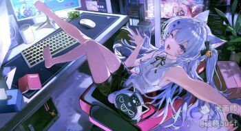 1girl animal_ears barefoot black_shorts cat_ears computer_keyboard looking_at_viewer one_eye_closed original poxiao_buff shorts sitting sleeveless solo