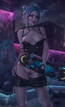 1girl absurdres armlet artist_name asymmetrical_hair balloon black_choker black_corset black_nails black_thighhighs blue_hair breasts camille_waifu choker cleavage closed_mouth corset dead_by_daylight e-kid_fashion eyeshadow fishnet_thighhighs fishnets green_eyes hair_ornament highres holding holding_skateboard jewelry lips looking_at_another looking_to_the_side makeup medium_breasts medium_hair nea_karlsson night night_sky nipples nose nude parted_bangs piercing pubic_hair realistic short_hair signature skateboard skates sky solo standing tattoo thick_thighs thighhighs thighs twitter_username uwu watermark