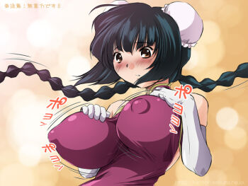 00s 1girl blush bouncing braid breasts bun_cover china_dress chinese_clothes covered_erect_nipples double_bun dress elbow_gloves female_focus gloves gundam gundam_00 hair_bun huge_breasts huge_nipples impossible_clothes impossible_shirt kantori long_hair nipples shirt solo twin_braids wang_liu_mei yellow_eyes