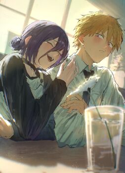1boy 1girl absurdres backlighting bell black_necktie black_shirt blonde_hair blurry blurry_foreground blush chainsaw_man closed_eyes closed_mouth collared_shirt crossed_arms cup day denji_(chainsaw_man) drinking_glass drinking_straw hair_between_eyes hair_bun hand_up highres indoors jar jumpsuit kouchanthree laughing long_hair_between_eyes looking_at_another neck_bell necktie open_mouth plant purple_hair red_eyes reze_(chainsaw_man) shadow shirt short_hair sitting sky smile table tearing_up teeth v-shaped_eyebrows white_jumpsuit white_shirt window yellow_sky