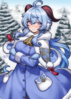 1girl absurdres ahoge arms_under_breasts artist_name bell blue_capelet blue_coat blue_hair blush capelet coat commentary commission english_commentary facing_viewer fur-trimmed_capelet fur-trimmed_coat fur_trim ganyu_(genshin_impact) genshin_impact goat_girl goat_horns hair_between_eyes highres horns long_coat long_hair looking_to_the_side mittens mountain neck_bell purple_eyes rotomdocs sidelocks sideways_glance signature smile snow solo standing tree very_long_hair winter_clothes winter_coat