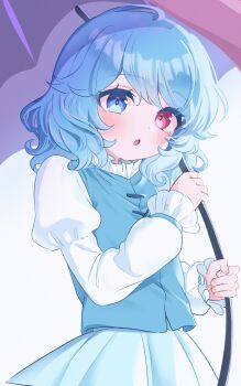 1girl :o bizan_zan blue_eyes blue_hair blue_skirt blue_vest blush commentary_request cowboy_shot heterochromia highres holding holding_umbrella juliet_sleeves karakasa_obake long_sleeves looking_at_viewer open_mouth pleated_skirt puffy_sleeves purple_umbrella red_eyes shirt short_hair simple_background skirt solo tatara_kogasa touhou umbrella vest white_background white_shirt