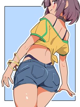 armlet ass blush brown_hair collar highres jewelry kono_subarashii_sekai_ni_shukufuku_wo! looking_at_viewer megumin noyama_takenoko short_hair short_shorts shorts simple_background tanga_panties