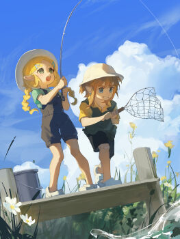 1boy 1girl absurdres aged_down blonde_hair blue_eyes blue_overalls blue_sky braid bucket butterfly_net child chinese_commentary cloud cloudy_sky commentary_request crocs fishing fishing_rod flower green_eyes green_shirt grin hair_ornament hairclip hand_net hat highres holding holding_butterfly_net holding_fishing_rod link long_hair nintendo open_mouth overall_shorts overalls pointy_ears princess_zelda shirt shoes short_hair sidelocks sky smile standing teeth the_legend_of_zelda the_legend_of_zelda:_breath_of_the_wild the_legend_of_zelda:_tears_of_the_kingdom twin_braids upper_teeth_only water white_flower white_shoes yellow_flower yellow_shirt yumiyumo3o