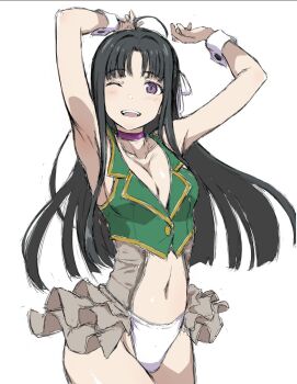 1girl ahoge armpits arms_up ass awa_subaru black_hair breasts choker cleavage girls_band_cry long_hair looking_at_viewer medium_breasts navel one_eye_closed panties puge purple_eyes underwear white_background white_panties