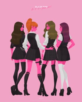 4girls absurdres black_thighhighs blackpink bracelet brown_hair colored_skin commentary_request earrings full_body garter_straps group_name high_heels highres hoop_earrings jennie_(blackpink) jewelry jisoo_(blackpink) lisa_(blackpink) long_hair looking_back mint_mutchi mixed-language_commentary multiple_girls orange_hair pink_background pink_skin ponytail pouch purple_hair rose_(blackpink) skirt socks song_name thai_commentary thigh_pouch thighhighs white_thighhighs