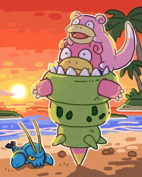 black_eyes clauncher claws closed_mouth commentary_request fangs gen_1_pokemon gen_6_pokemon highres mega_pokemon mega_slowbro nintendo no_humans official_art open_mouth outdoors outline palm_tree pokemon pokemon_(creature) pokemon_focus sand shore sky slowbro slowpoke smile sun sunset tree twilight water