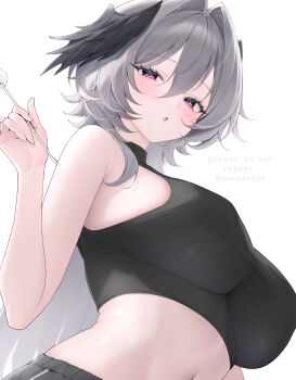 1girl absurdres artist_name bad_id bad_pixiv_id bare_shoulders black_shirt black_shorts blush breasts commentary_request commission crop_top from_below grey_hair hair_between_eyes hair_intakes halter_shirt halterneck head_wings highres holding indie_virtual_youtuber large_breasts long_hair looking_at_another mimikaki namedango_(uouodango) navel parted_lips pink_eyes richamu shirt shorts simple_background sleeveless sleeveless_shirt solo very_long_hair virtual_youtuber watermark white_background wings