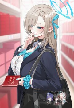 Rule 34 | 1girl, asuna (blue archive), asuna (school uniform) (blue archive), bag, blonde hair, blue archive, blue bow, blue bowtie, blue eyes, blue halo, blue jacket, blush, bow, bowtie, button gap, chocolate, choker, commentary, food, grin, hair over one eye, halo, highres, holding, holding chocolate, holding food, jacket, long hair, looking to the side, mango (mango0208), open clothes, open jacket, rio (blue archive), school bag, scrunchie, shirt, smile, solo, untranslatable commentary, white shirt, wrist scrunchie, yuuka (blue archive)