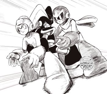 3boys armor bass_(mega_man) greyscale group_picture helmet highres hunter_x_hunter male_focus mega_man_(character) mega_man_(classic) mega_man_(series) monochrome motion_lines multiple_boys proto_man scene_reference serious simple_background speed_lines srnhuyuno watermark white_background