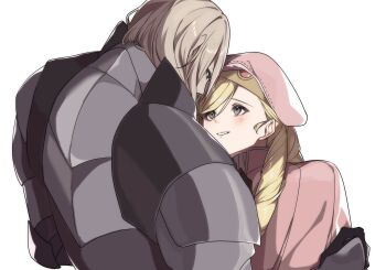 2boys blonde_hair commentary_request couple fire_emblem fire_emblem_fates forrest_(fire_emblem) grey_armor grey_eyes highres hug ignatius_(fire_emblem) long_hair looking_at_viewer multiple_boys nintendo saki_ttx smile upper_body yaoi