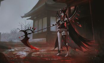 1girl aoi_ogata artist_name bare_shoulders bare_tree barefoot black_dress black_hair black_leggings black_sleeves building clip_studio_paint_(medium) commentary commission detached_leggings detached_sleeves dress english_commentary holding holding_scythe indie_virtual_youtuber leggings long_hair long_sleeves looking_at_viewer mikazuki_silvi outstretched_arm overcast parted_lips pointy_ears red_eyes red_hair red_lips scythe single_detached_legging sky solo standing torn_clothes torn_leggings torn_sleeves tree very_long_hair virtual_youtuber