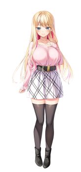 1girl amaemi-longing_for_you- ankle_boots arm_at_side belt black_belt black_boots black_thighhighs blonde_hair blue_eyes blush boots breasts closed_mouth colored_inner_hair full_body gold_necklace hand_up jewelry kusunoki_iroha large_breasts large_variant_set long_hair long_sleeves looking_at_viewer multicolored_hair necklace off-shoulder_shirt off_shoulder official_art oryo_(oryo04) pink_hair pink_shirt shirt simple_background single_bare_shoulder single_off_shoulder skirt sleeves_past_wrists smile solo standing tachi-e thighhighs variant_set white_background white_skirt zettai_ryouiki