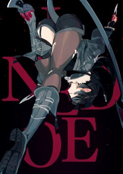 1girl animal_ears ass bent_over black_hair black_shorts boots character_name combat_knife fingerless_gloves foot_up from_behind fur_collar garter_straps gloves green_eyes highres holding holding_knife idkuroi jacket jane_doe_(zenless_zone_zero) kneepits knife light_smile long_hair long_sleeves long_tail looking_at_viewer mechanical_tail mouse_ears pantyhose parted_lips sharp_tail short_shorts shorts single_garter_strap single_leg_pantyhose single_thighhigh solo tail thighhighs torn_clothes torn_pantyhose weapon zenless_zone_zero