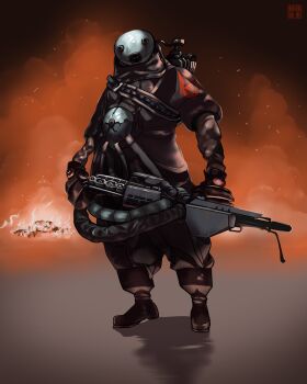 1other burning cremator_(half-life) cyborg fire flamethrower full_body gas_tank half-life_(series) highres holding_flamethrower holding_weapon lart173 oxygen_tank shaded_face shadow solo weapon