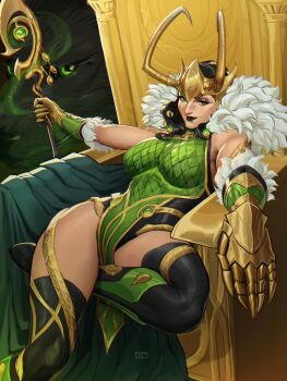 1girl artist_name black_hair breasts closed_mouth commentary dress english_commentary fake_horns gold_tiara green_dress green_eyes green_lips highres horned_headwear horned_tiara horns lady_loki large_breasts loki_(marvel) long_hair looking_at_viewer marvel marvel_rivals pelvic_curtain pepedraws sitting sitting_on_throne smile solo thor_(marvel)_(series) tiara