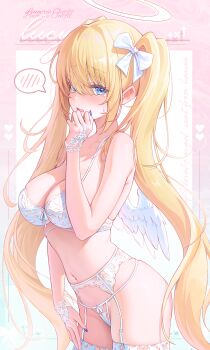 1girl angel_wings bare_shoulders blonde_hair blue_eyes blue_nails bow bra breasts cleavage cowboy_shot crying crying_with_eyes_open feathered_wings garter_belt hair_bow halo hand_on_own_thigh hand_up highres kira_(kira78718520) lingerie long_hair looking_at_viewer medium_breasts nail_polish navel open_mouth original panties sidelocks skindentation solo spoken_blush stomach string_bra string_panties tears thighhighs thighs twintails underwear underwear_only very_long_hair white_bra white_panties white_thighhighs wings
