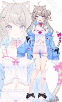 1girl :d ahoge animal_ear_fluff animal_ears animal_slippers bandaid bandaid_on_leg bare_shoulders black_slippers blue_hair blush bow breasts brown_hair camisole cardigan cat_ears cat_girl cat_slippers cat_tail choker closed_mouth colored_inner_hair commentary_request different_zoom_layer frilled_choker frilled_sleeves frills full_body hair_bun highres indie_virtual_youtuber long_hair long_sleeves looking_at_viewer medium_breasts midriff multicolored_hair navel necoilie_aco off_shoulder open_cardigan open_clothes open_mouth pink_bow pink_choker purple_eyes ribbon_choker sample_watermark short_shorts shorts simple_background single_hair_bun sleeves_past_fingers sleeves_past_wrists slippers smile standing strap_slip streaked_hair tail tail_bow tail_ornament tatejima_uri teeth two-tone_hair upper_teeth_only virtual_youtuber watermark white_background white_camisole white_shorts