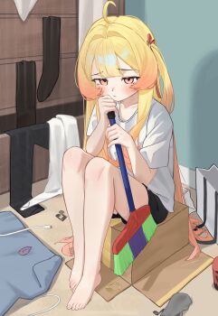 1girl absurdres ahoge barefoot black_shorts blonde_hair box collarbone commentary dot_nose english_commentary feet gradient_hair hair_ornament highres holding hololive indoors light_blush long_hair multicolored_hair musical_note on_box orange_eyes orange_hair otonose_kanade selopangji shirt short_sleeves shorts sitting sitting_on_box toes virtual_youtuber white_shirt