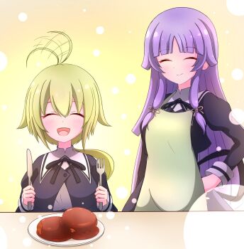 2girls :d ^_^ afterimage ahoge ahoge_wag amano_soraha apron arm_at_side assault_lily baichi_(ph4yvfsqyynkhnv) banshouya_ena black_ribbon black_skirt blonde_hair blunt_bangs blush breasts buttons closed_eyes closed_mouth commentary cropped_jacket cutlet expressive_hair food fork gradient_background hair_between_eyes hand_on_own_hip hands_up high-waist_skirt highres holding holding_fork holding_knife juliet_sleeves knife large_breasts long_hair long_sleeves low-tied_sidelocks low_ponytail multiple_girls neck_ribbon open_mouth plate ponytail puffy_sleeves purple_hair ribbon school_uniform shirt sidelocks sitting skirt smile standing table_knife upper_body very_long_hair white_shirt yellow_apron yellow_background yurigaoka_girls_academy_school_uniform