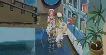 2girls alicia_florence aria_(manga) aria_company_uniform blonde_hair blue_bow blue_bowtie blue_ribbon blush book bookshelf bow bowtie braid braided_ponytail chair closed_mouth dress eyelashes flood full_body gold_trim green_eyes hat hat_ribbon highres holding holding_book indoors long_hair looking_at_another mizunashi_akari multiple_girls parted_bangs pink_hair plant potted_plant ribbon sailor_collar short_hair_with_long_locks short_sleeves skirt_hold table torikeyu very_long_hair wading white_dress window wooden_floor