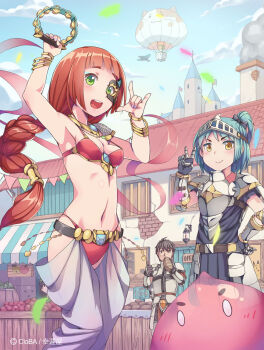 &gt;:) 1boy 2girls :d aircraft arm_up armor armored_dress armpits awning balloon bangle bikini bird black_footwear blob blue_hair blue_sky blunt_bangs blush boots bow bracelet braid braided_ponytail bread breastplate breasts brown_eyes brown_hair building castle chimney cloba_(daeniel811015) cloud confetti crate creature day door dress eating fantasy faulds fingernails food fruit gauntlets gorget green_eyes hair_bow hand_on_own_hip harem_pants highres hot_air_balloon instrument jewelry long_fingernails long_hair looking_at_viewer m/ mask miniskirt multiple_girls nail_polish navel necklace one_side_up open_mouth orange_hair original outdoors pants pauldrons pennant pink_nails pleated_skirt red_bikini shop short_sleeves shoulder_armor single_braid skirt sky small_breasts smile smoke streamers string_of_flags swimsuit tambourine thumbs_up town v v-shaped_eyebrows watermark window