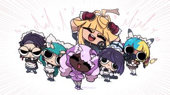 :d ^_^ black_eyes character_request chibi closed_eyes crossed_arms dress fishnets full_body highres jacinthe_(pokemon) long_dress maid maid_headdress mary_janes miyan_(oceanmaiden) multiple_girls nintendo open_mouth pink_dress pokemon pokemon_legends:_z-a shoes short_dress smile squiggle_eyes thighhighs white_thighhighs