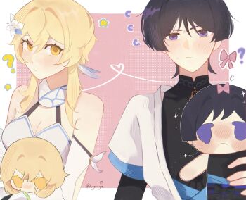 1boy 1girl ? arm_at_side bare_shoulders black_bodysuit black_bridal_gauntlets black_hair blonde_hair blue_feathers blue_flower blue_kimono blue_sleeves blue_trim blunt_ends blush bodysuit border bow breasts bridal_gauntlets character_doll choppy_bangs cleavage closed_mouth doll dress eyelashes feather_hair_ornament feathers flower flying_sweatdrops furrowed_brow genshin_impact hair_between_eyes hair_flower hair_ornament halterneck highres holding holding_doll japanese_clothes juban kimono koyaaya layered_sleeves looking_at_viewer lumine_(genshin_impact) mandarin_collar multicolored_flower open_clothes open_kimono pink_background pink_bow purple_eyes scaramouche_(genshin_impact) scarf short_hair short_hair_with_long_locks short_sleeves shoulder_peek sidelocks star_(symbol) sweatdrop twitter_username wanderer_(genshin_impact) white_border white_dress white_flower white_kimono white_scarf white_sleeves yellow_eyes