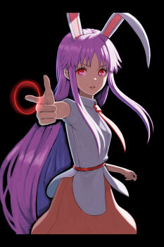 1girl 3d absurdres animal_ears black_background blouse cowboy_shot finger_gun foreshortening highres index_finger_raised letterboxed long_hair looking_at_viewer necktie outstretched_arm pointing pointing_at_viewer purple_hair rabbit_ears red_eyes reisen_udongein_inaba shirt short_sleeves simple_background skirt solo touhou transparent_background tsukebo very_long_hair white_shirt