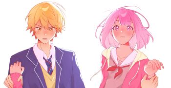 1boy 1girl absurdres blunt_bangs closed_mouth collared_shirt diagonal-striped_clothes diagonal-striped_necktie drawstring hand_up hashtag-only_commentary highres holding_another&#039;s_wrist hood hood_down hooded_jacket jacket kamiyama_high_school_uniform_(project_sekai) lapels long_sleeves mapio_(mapiopipo) miyamasuzaka_girls&#039;_academy_school_uniform neckerchief necktie notched_lapels ootori_emu open_clothes open_jacket open_mouth orange_eyes orange_hair pink_eyes pink_hair project_sekai red_neckerchief sailor_collar school_uniform serafuku shirt short_hair simple_background striped_clothes sweater tenma_tsukasa upper_body white_background yellow_sweater