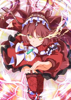 1girl animal_ears bags_under_eyes blunt_bangs blunt_ends closed_mouth dress eye_trail floating_hair garter_straps hairband highres horse_ears horse_girl light_trail long_hair parted_bangs red_desire_(umamusume) red_dress red_hairband red_thighhighs running solo split_mouth thighhighs twitter_username umamusume very_long_hair yellow_eyes zukki_(bijitaru)