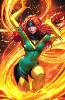 1girl arms_up bodysuit boots breasts dcwj elbow_gloves fire gloves green_bodysuit highres jean_grey large_breasts long_hair looking_at_viewer marvel orange_hair phoenix_(x-men) pyrokinesis signature solo thigh_boots x-men yellow_boots yellow_gloves