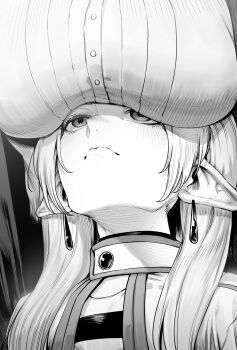 2girls absurdres breast_focus breast_rest breasts breasts_on_head closed_mouth fern_(sousou_no_frieren) frieren greyscale highres large_breasts long_hair looking_up meme monochrome multiple_girls niwarhythm perversion_of_canon pointy_ears portrait solo_focus sousou_no_frieren upward_angle_frieren_drawing_(meme)