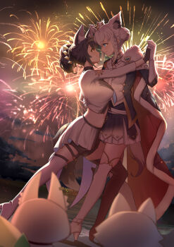 2girls 2others absurdres aerial_fireworks animal_ear_fluff animal_ears asymmetrical_legwear black_gloves black_thighhighs blue_cape blue_dress blush braid breasts bun_with_braided_base cape closed_mouth crown dancing dress fireworks fox_ears fox_girl fox_tail fur-trimmed_cape fur_trim gloves hand_on_another&#039;s_back highres holding_hands hololive large_breasts long_hair long_sleeves looking_at_another mini_crown multiple_girls multiple_others official_alternate_costume official_alternate_hairstyle ookami_mio outdoors rimudoya shirakami_fubuki shirakami_fubuki_(fbkingdom) shorts shorts_under_skirt smile sukonbu_(shirakami_fubuki) tail thighhighs very_long_hair virtual_youtuber white_dress white_gloves white_thighhighs wolf_ears wolf_girl wolf_tail
