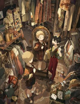 2boys absurdly_detailed_composition absurdres belt black_hair box braid braided_ponytail brown_hair brown_shoes chakotata clothes_hanger clothes_shop commentary_request creature creature_on_head doll embroidery frog from_above full-length_mirror green_shirt grey_shoes hair_over_shoulder hand_up highres index_finger_raised indoors jacket jewelry loaded_interior long_sleeves looking_at_another looking_at_mirror male_focus mirror multicolored_jacket multiple_boys necklace original pants pendant red_pants reflection shirt shoes short_hair shorts single_braid smile sneakers socks spiral_staircase stairs standing stuffed_animal stuffed_dog stuffed_rabbit stuffed_toy trying_on_clothes unworn_clothes vase vest white_socks wooden_floor