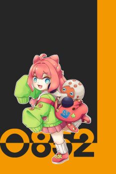 1girl ahoge aqua_eyes backpack bag blush bright_pupils buttons cardigan clara_(vrchat) clobbopus commentary_request dasima_a eyelashes gen_8_pokemon green_cardigan hair_intakes highres long_hair long_sleeves nintendo open_mouth pink_bag pink_hair pink_shoes pink_skirt pokedex_number pokemon pokemon_(creature) shoes skirt sleeves_past_fingers sleeves_past_wrists smile socks tentacle_hair two-tone_background vrchat white_pupils white_socks